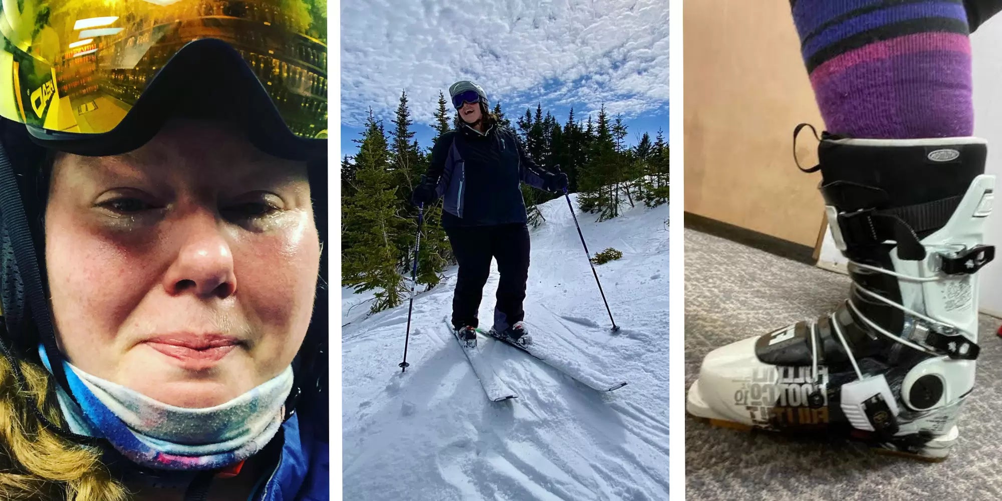a block of 3 images, a plus size women wearing goggles and crying, a joyus plus size woman on skis, and a plus size calf in a ski boot
