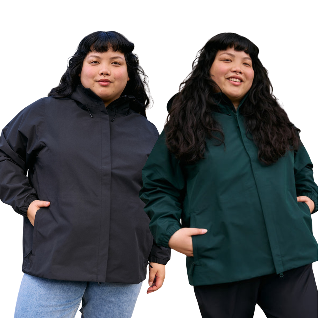 Amble elements plus-size rain jacket in black and eucalytpus from Plus Outdoor Melbourne