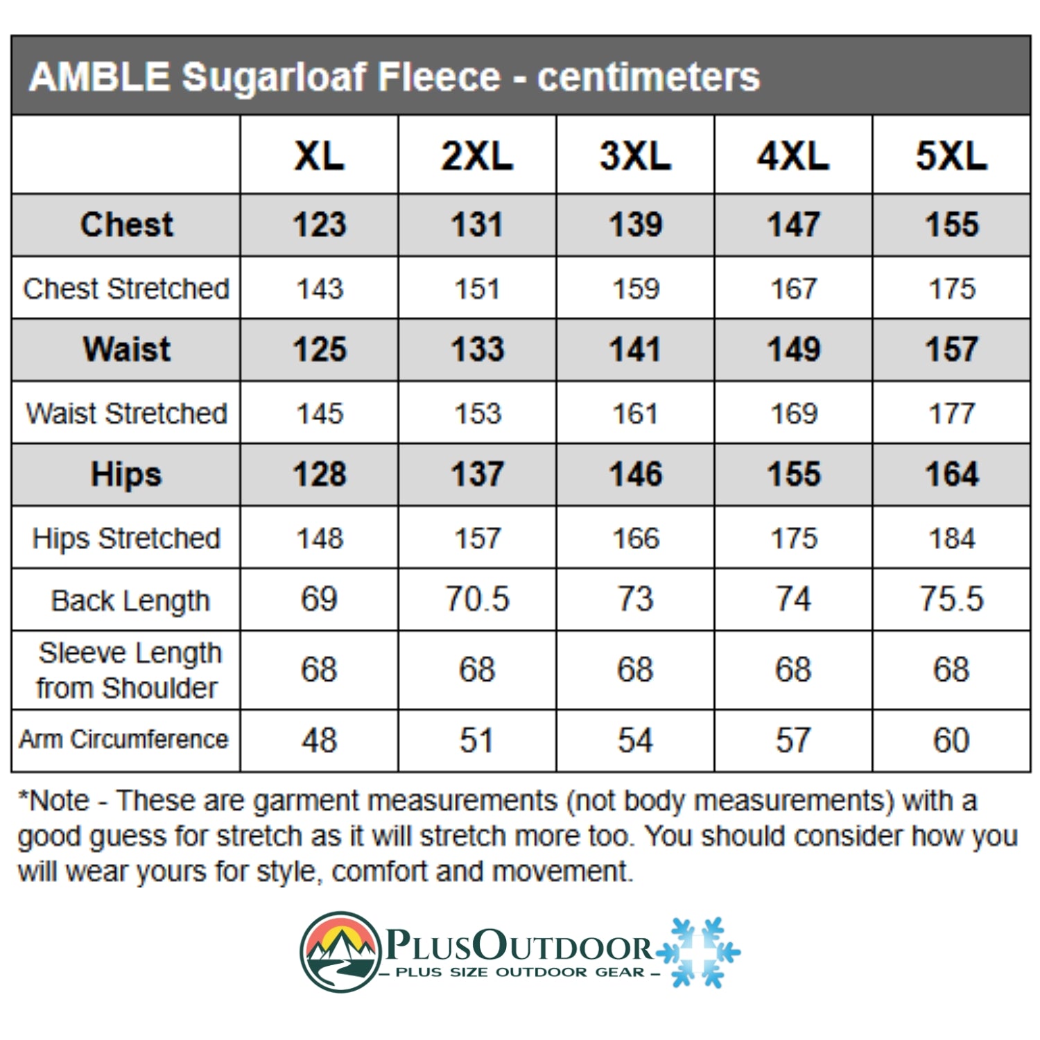 Amble Sugarloaf Women’s Fleece Plus Sizes XL-5XL size chart Australia