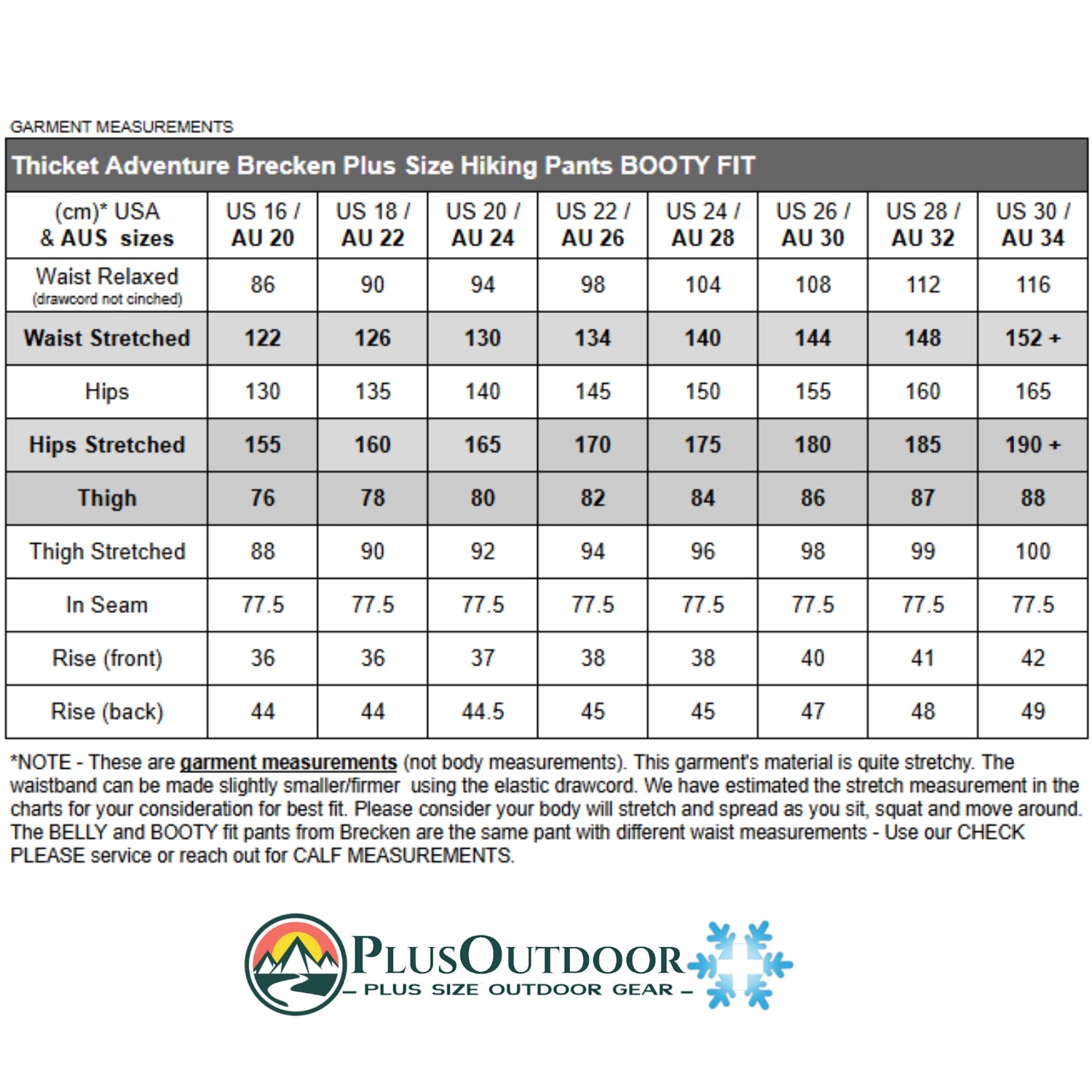 Measurement chart for Thicket Adventure Brecken Plus Size Hiking Pants with Plus Outdoor.