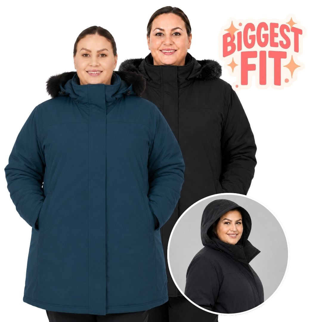 Product composite graphic for Brooky Long Stretch Jacket Women's Plus Sizes, showcasing the tidal blue and black colorways with a detailed hood inset.