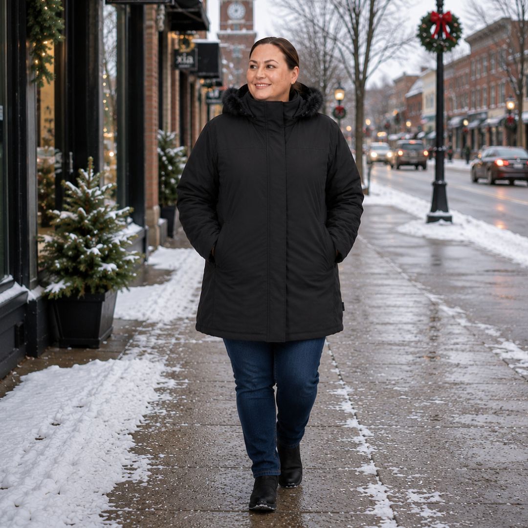 Smiling woman walking down a snowy street sidewalk wearing the black Brooky Long Stretch Jacket.