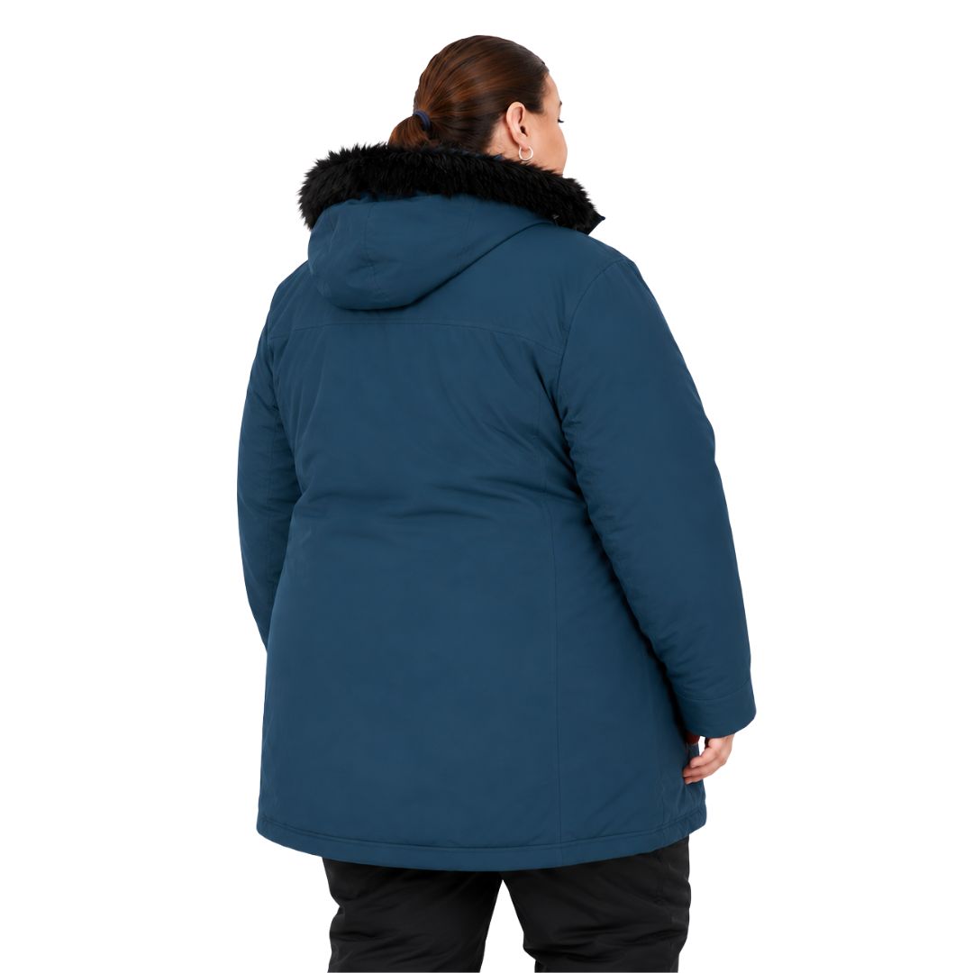 Rear view of a woman showing the back length of the tidal blue Brooky Long Stretch Jacket with black faux-fur trim.