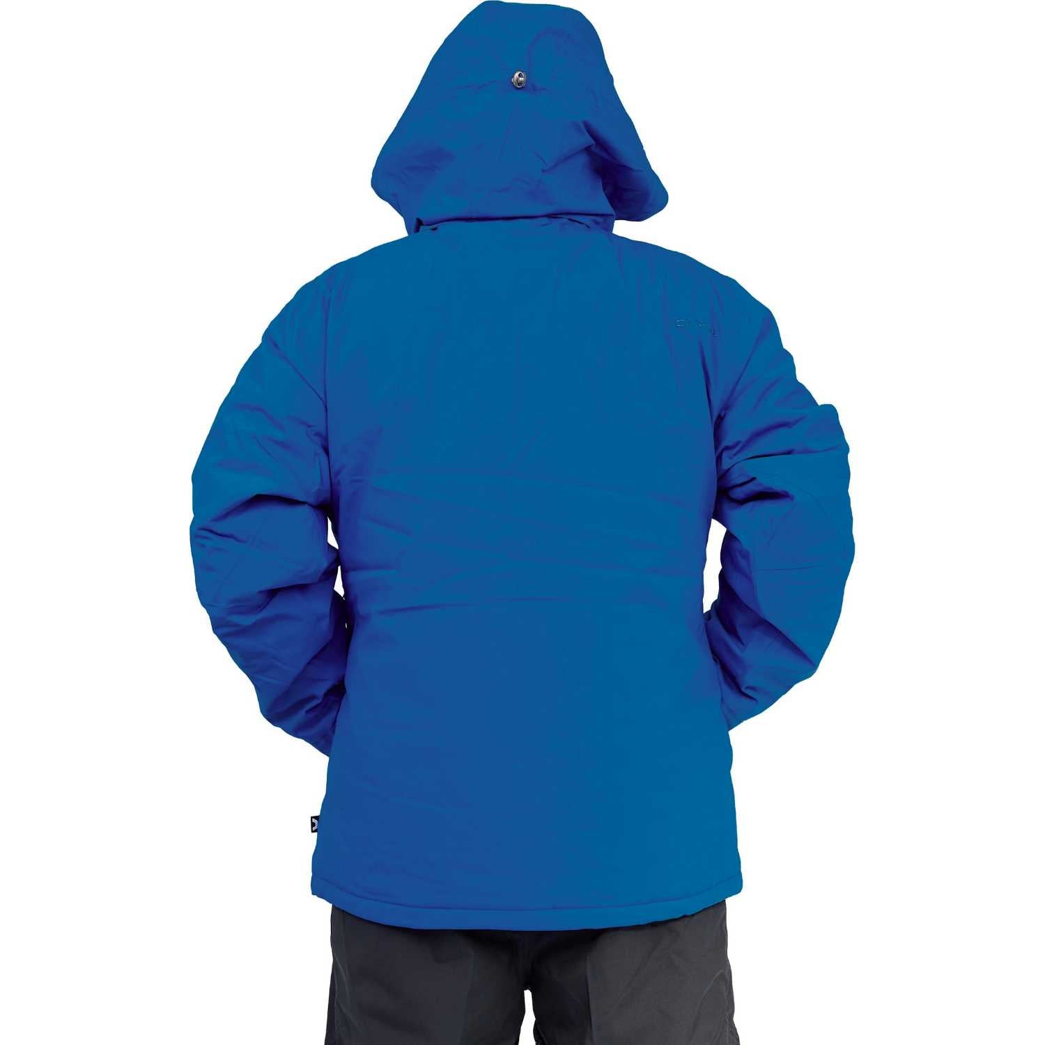 A person shown from the back wearing a blue hooded plus size ski jacket and dark pants against a plain white background.