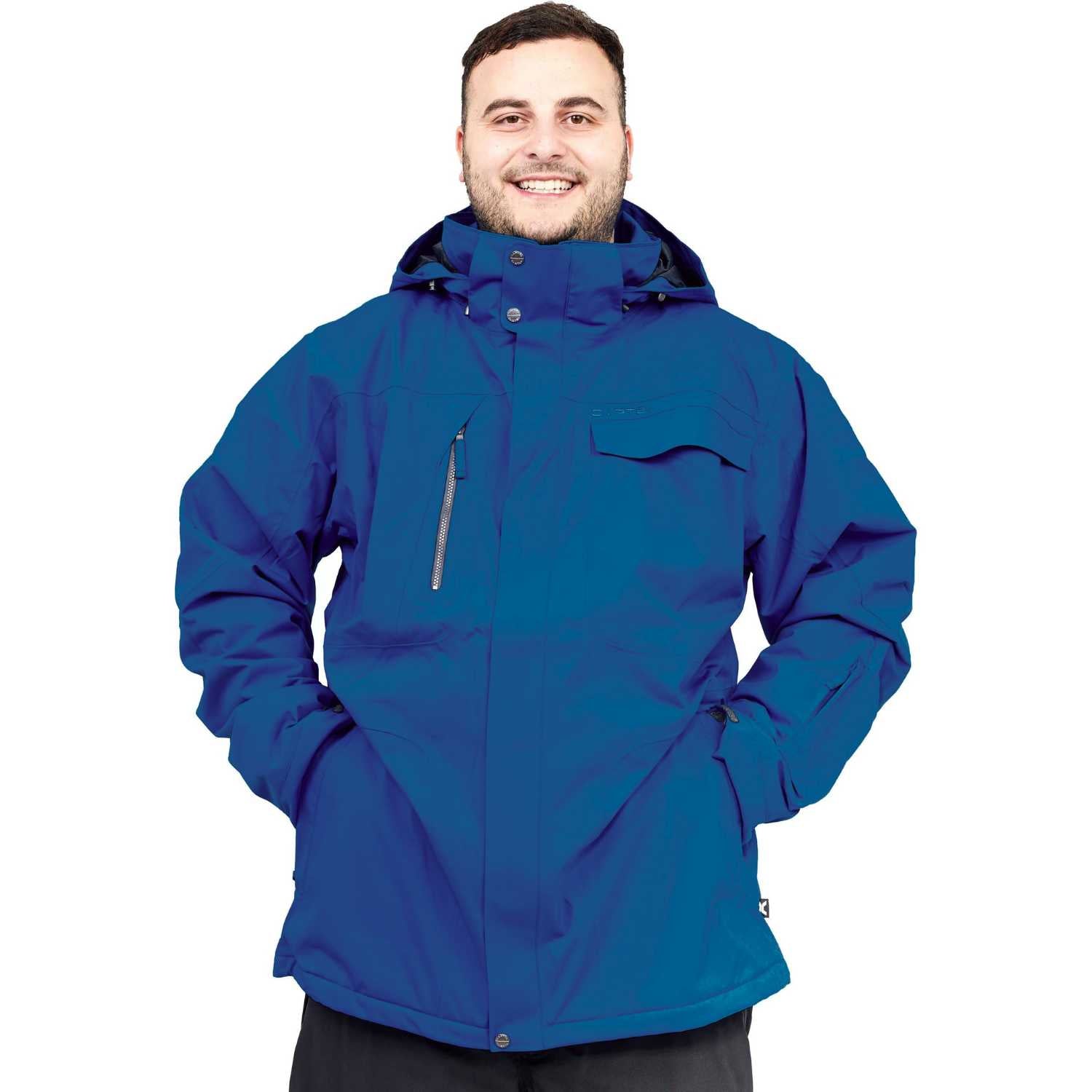 A man wearing a deep blue hooded plus-size snow jacket with a vertical chest zipper, shown against a plain white background.