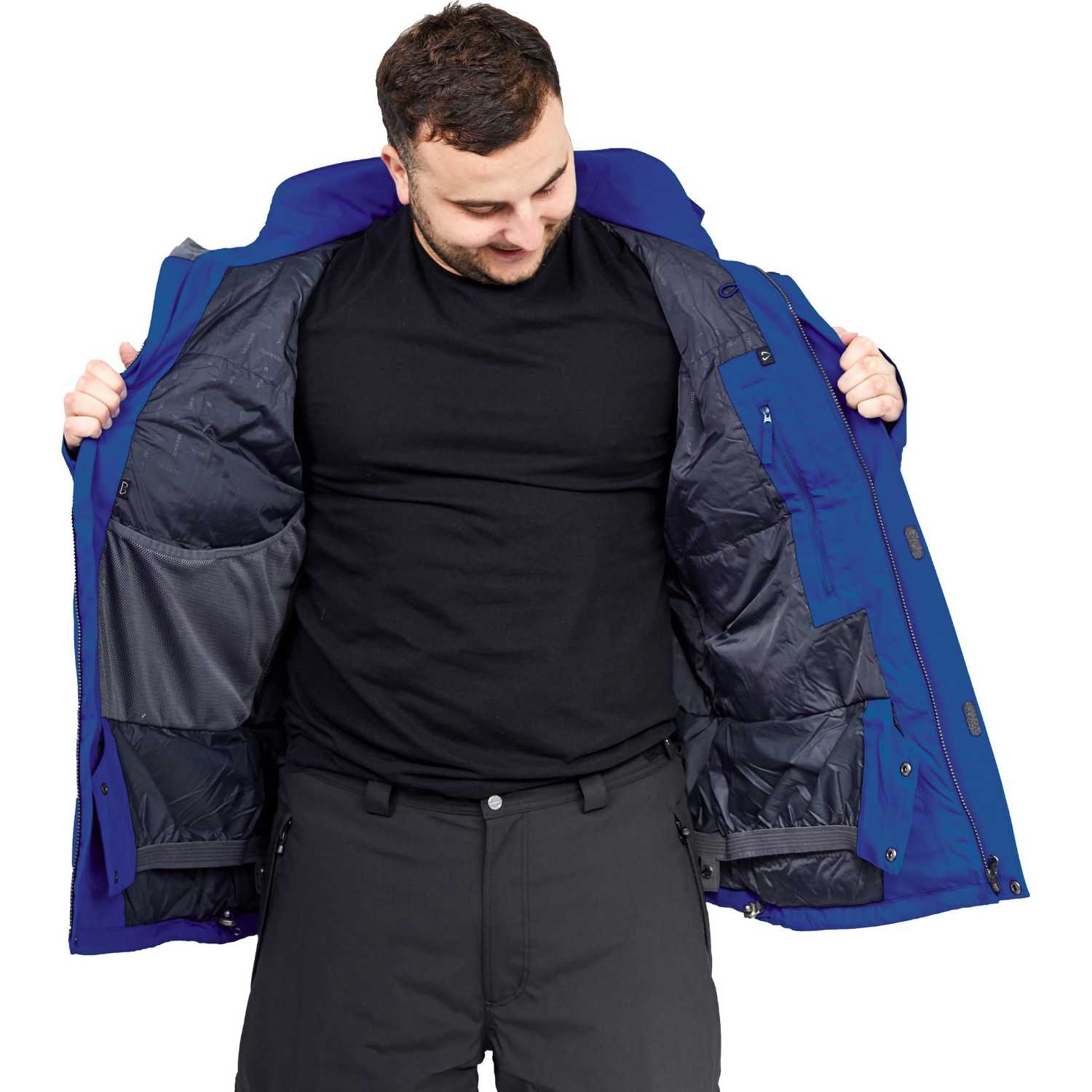 Plus size mens ski jacket inner lining showing all the features inside