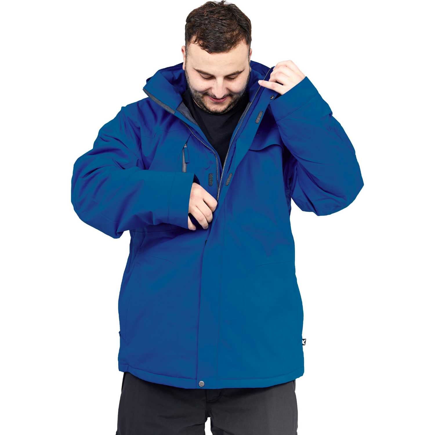 A king size man wearing a royal blue hooded snowboard jacket over a black shirt, shown from the waist up against a plain white background.