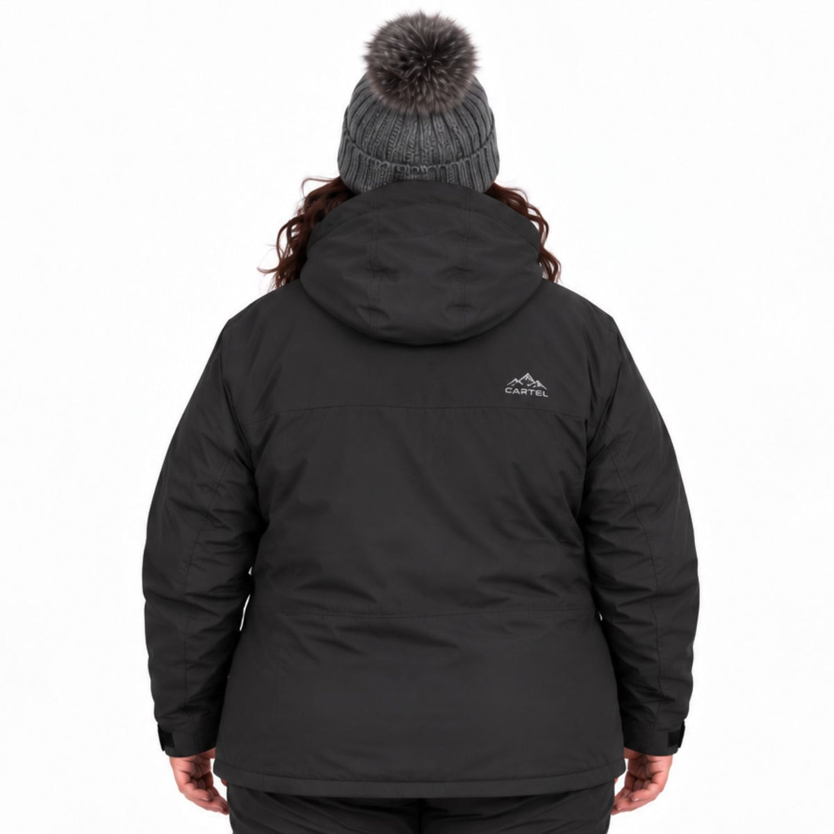 A person shown from the back wearing a black hooded winter jacket and a gray knit beanie with a dark pom-pom. The jacket has a small white mountain logo with the word 'CAMEL' on the upper right back.