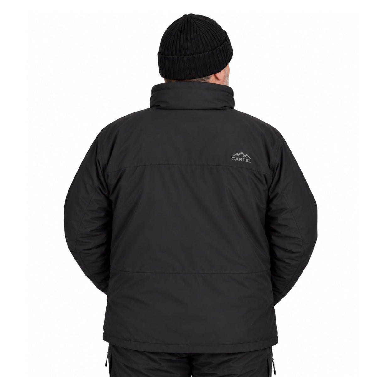 A man viewed from behind wearing a black winter jacket and a black knit beanie, with a small white Carvell logo on the upper back, against a plain white background.