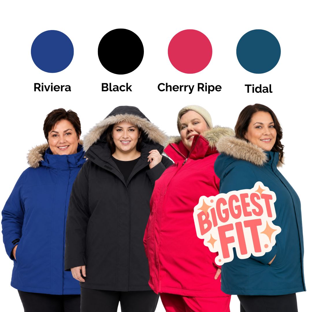 Product marketing graphic for Cartel Brooklyn Stretch Women's Plus Size Ski Jacket, showing models wearing the faux-fur hooded coat in Riviera blue, black, Cherry Ripe red, and Tidal teal.