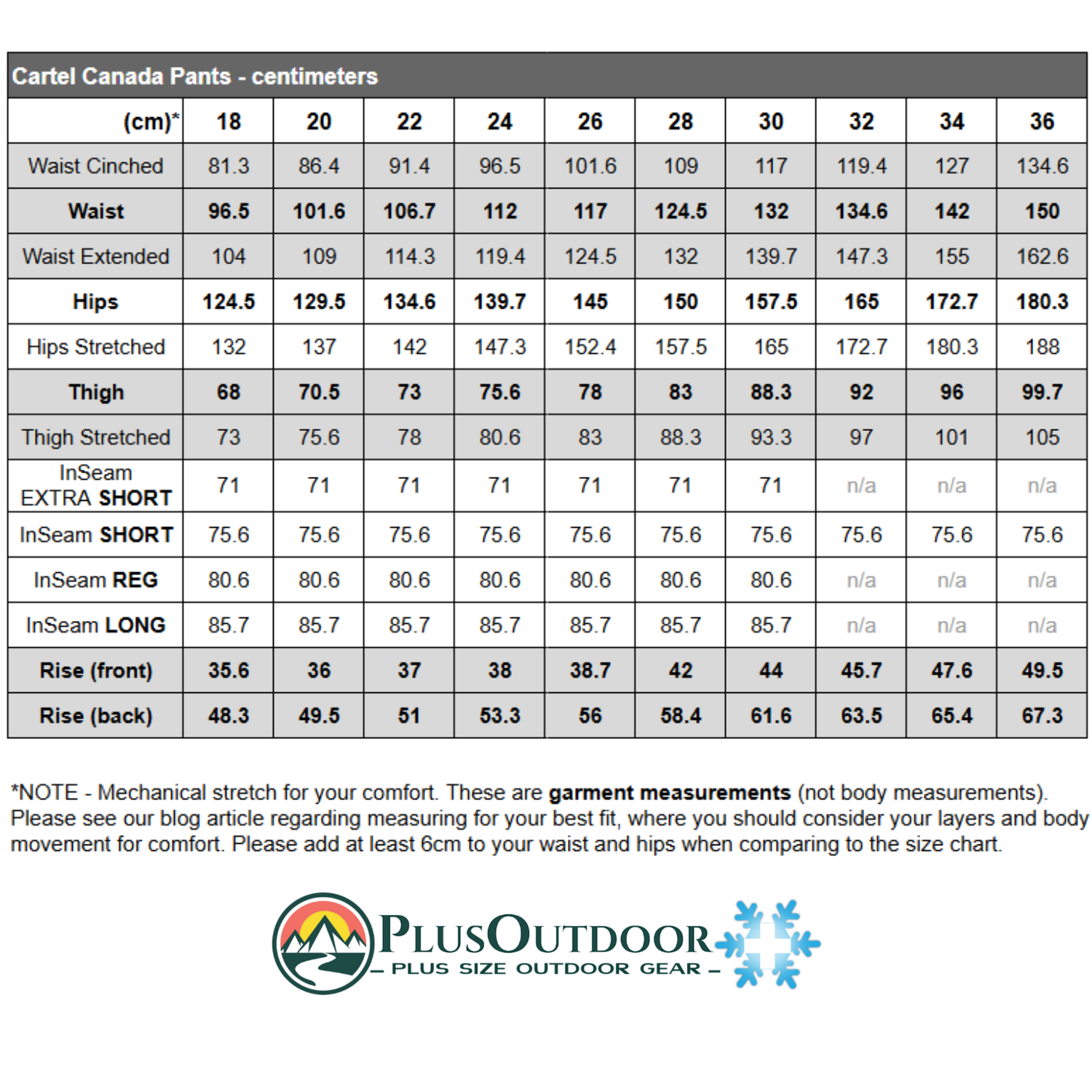 Size chart for Cartel Canada Pants with measurements in centimeters