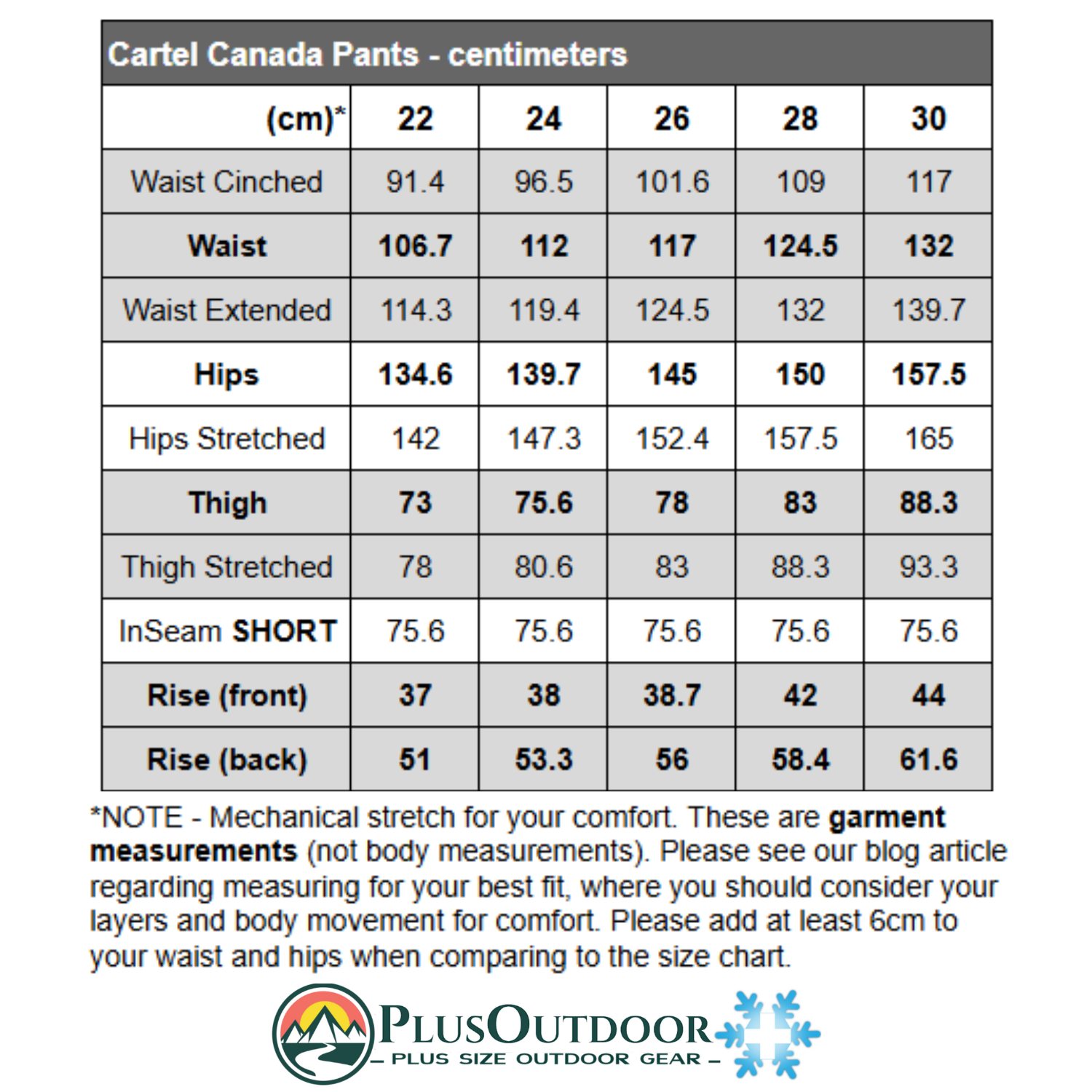 Size chart for Cartel Canada Pants with measurements in centimeters and inches.