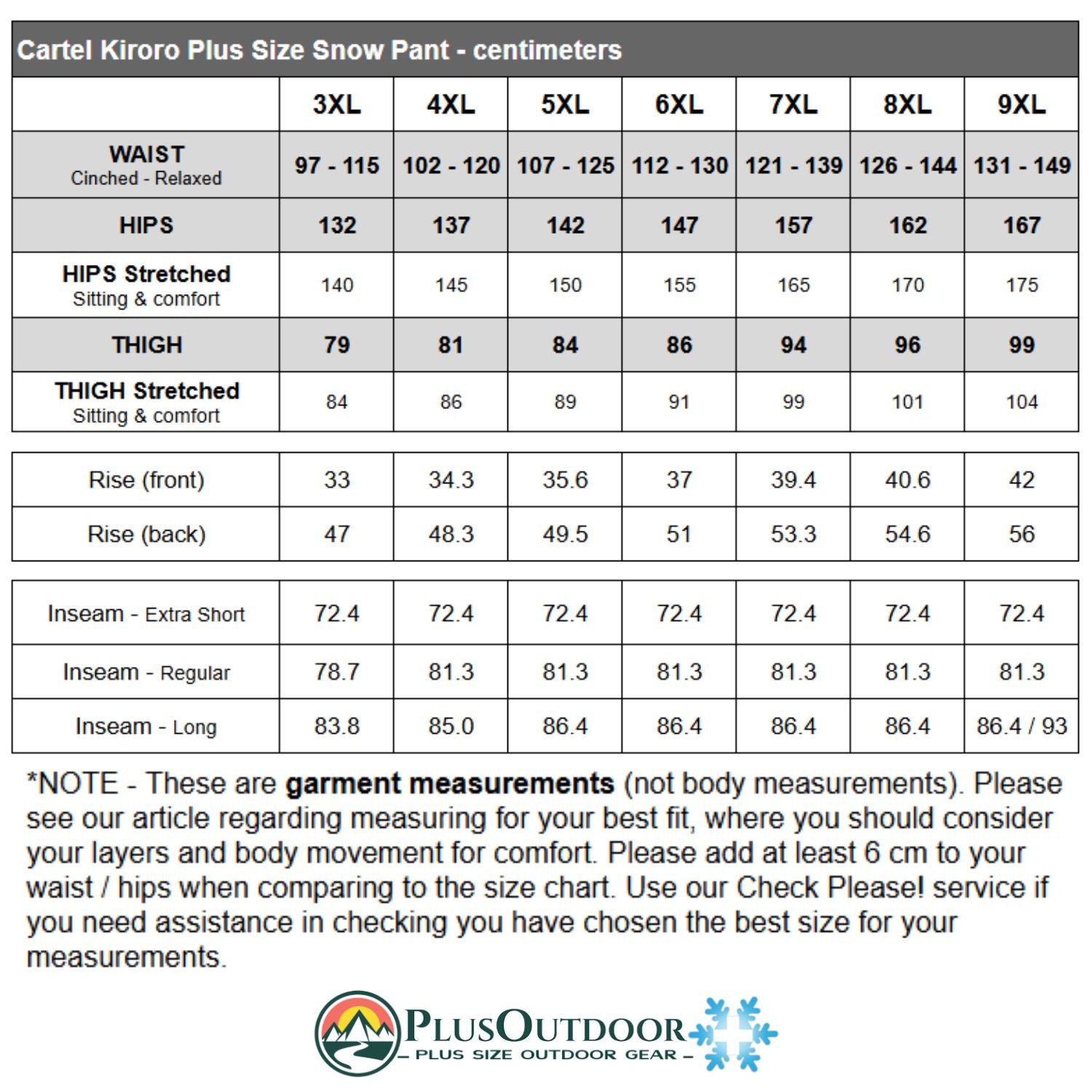 Measurement chart for Cartel Kiroro Plus Size Snow Pant with PlusOutdoor logo.