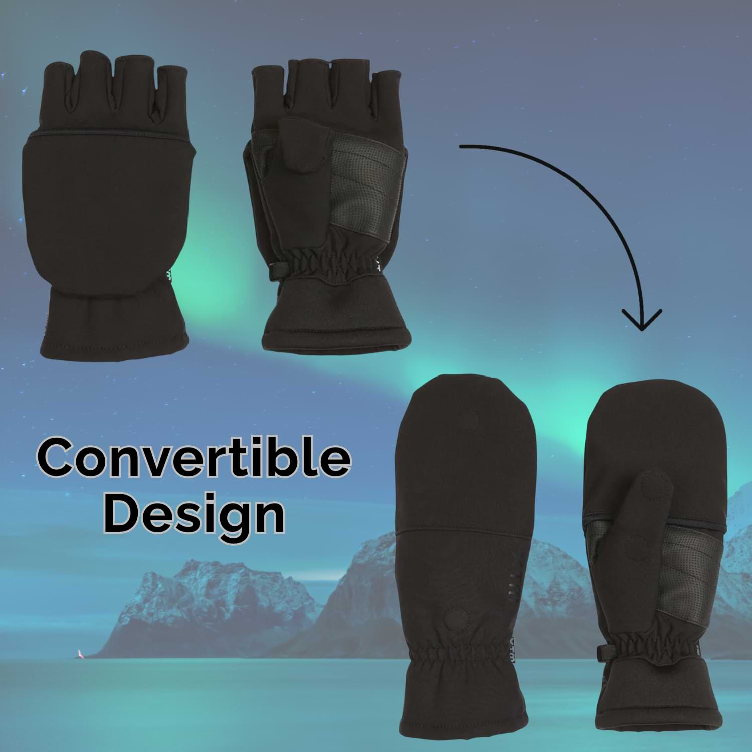 Black convertible gloves shown in half-mitten and full-mitten forms with a Northern Lights photography mountain background.