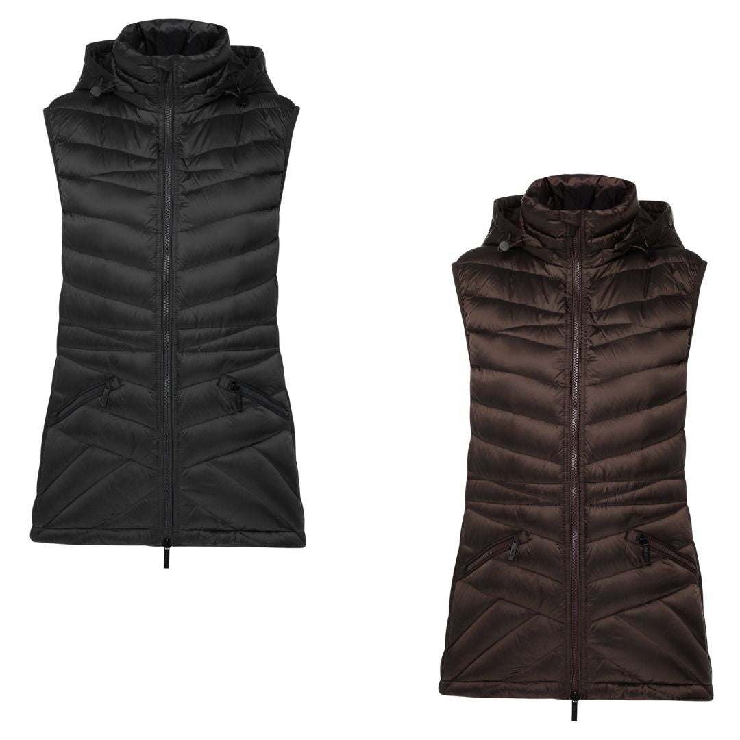 Moke down puffer vests in plus size. Black and chocolate on a white background