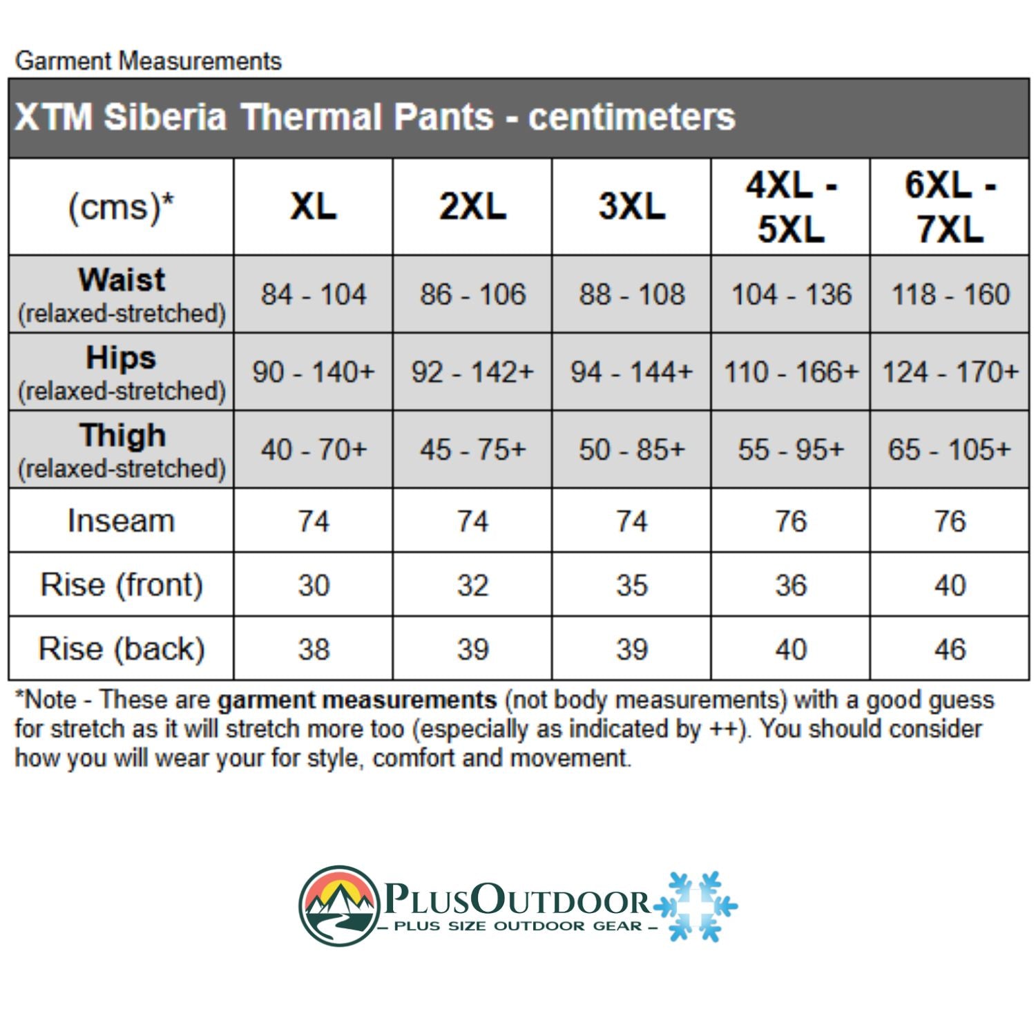 Measurement chart for XTM Siberia Thermal Pants in centimeters with Plus Outdoor logo.