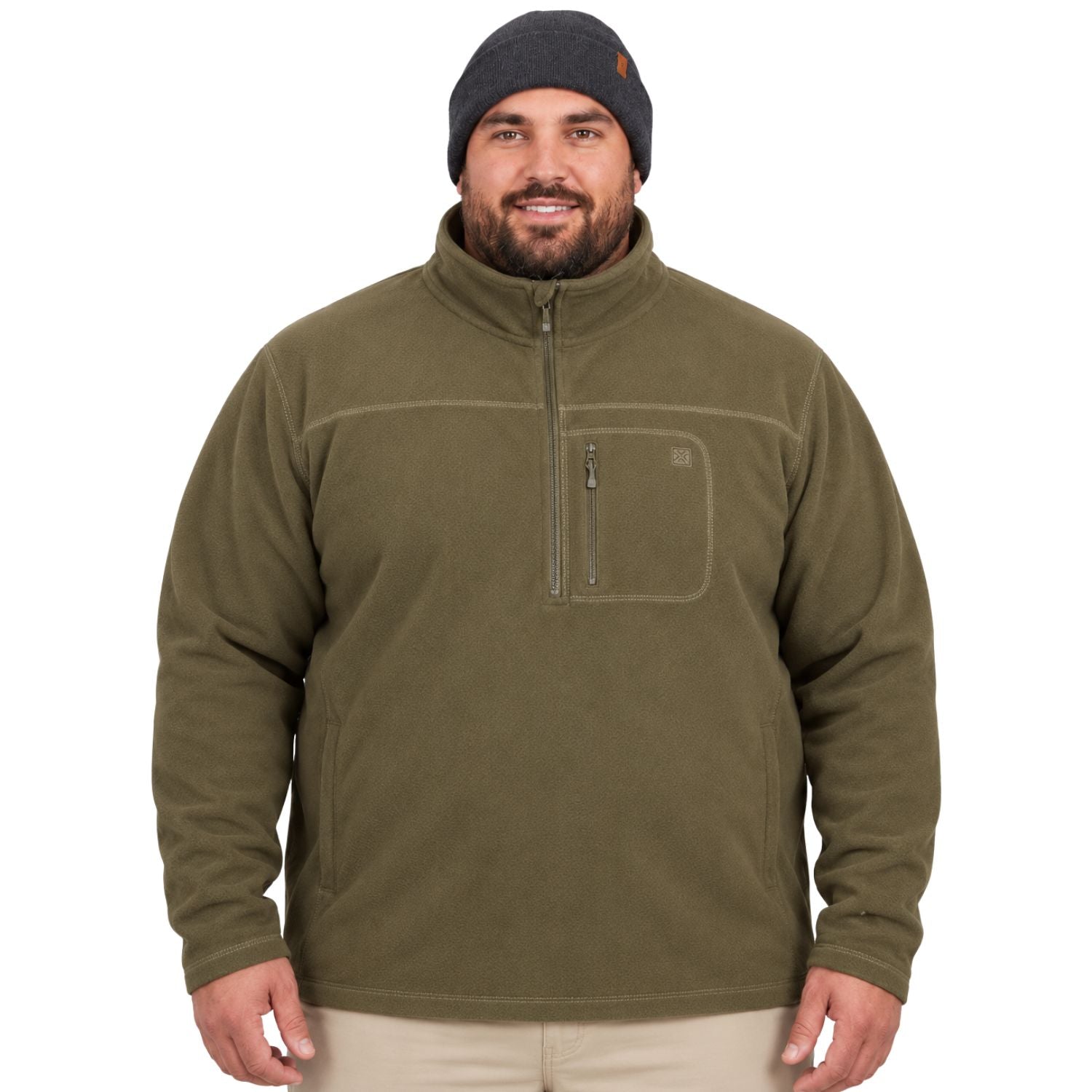 A plus-size man wearing an olive green quarter-zip fleece pullover jacket with a zippered chest pocket, paired with a dark gray beanie and light beige pants, against a plain white background.