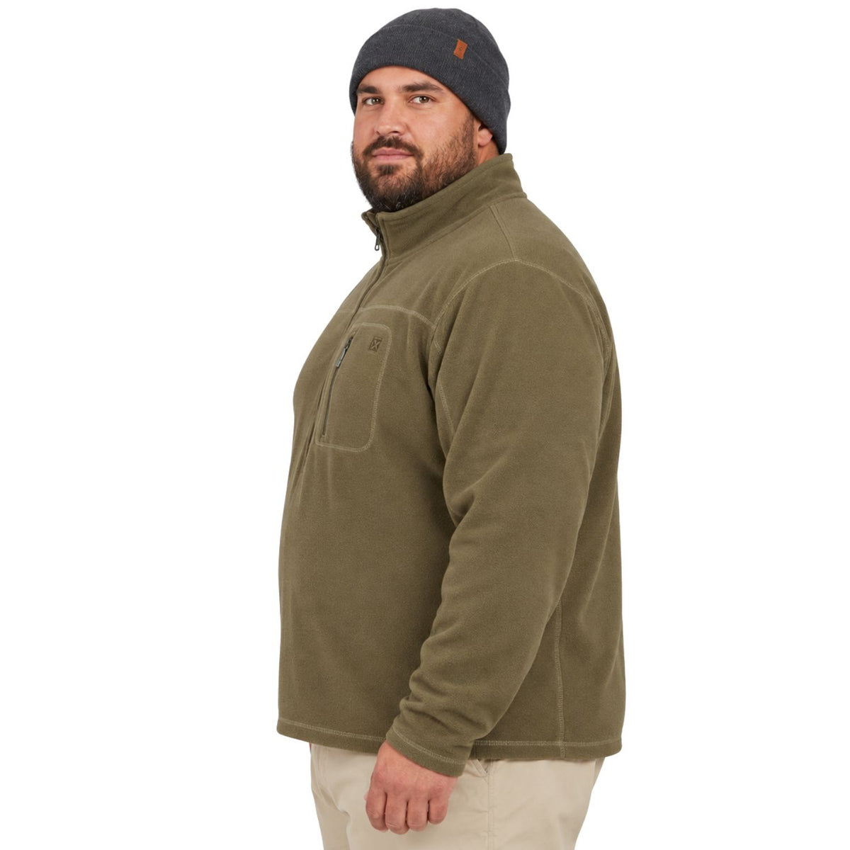A man wearing an olive green quarter-zip fleece pullover and a dark gray beanie, shown in a side profile against a plain white background.