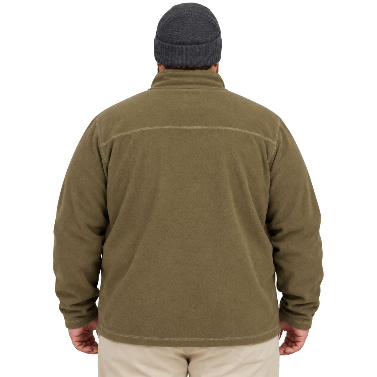 A man viewed from the back wearing an olive green fleece pullover jacket, a dark gray knit beanie, and light beige pants, set against a plain white background.