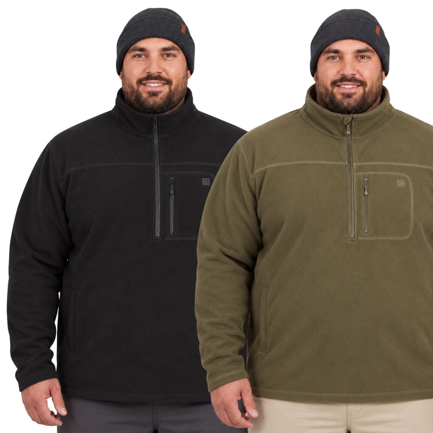 Two plus size male models wearing quarter-zip fleece pullovers, one in black and one in olive green, each paired with dark knit beanies, shown against a plain white studio background.