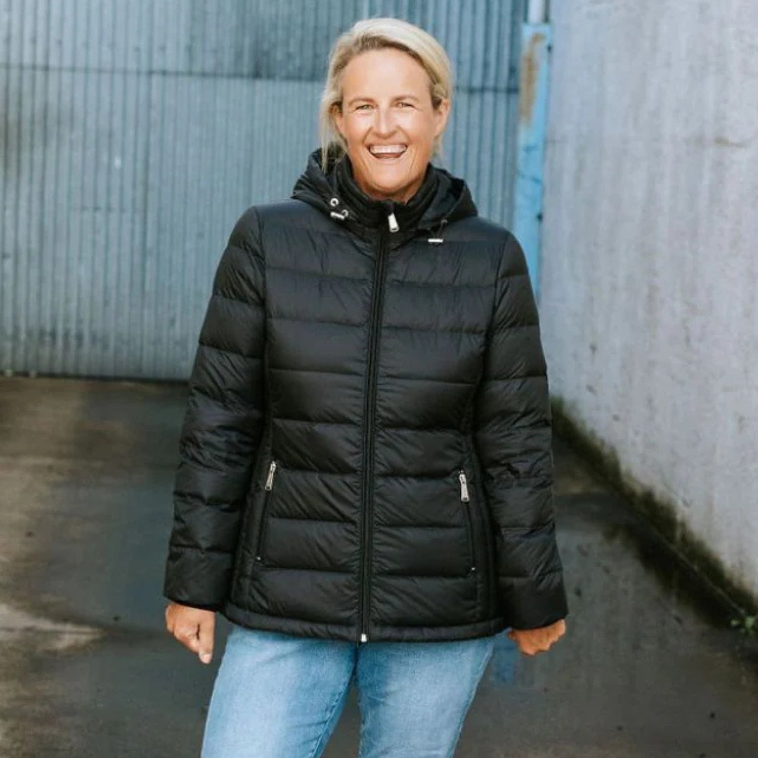 Moke Luciana Womens Down Puffer Jacket Black Plus Sizes lifestyle model