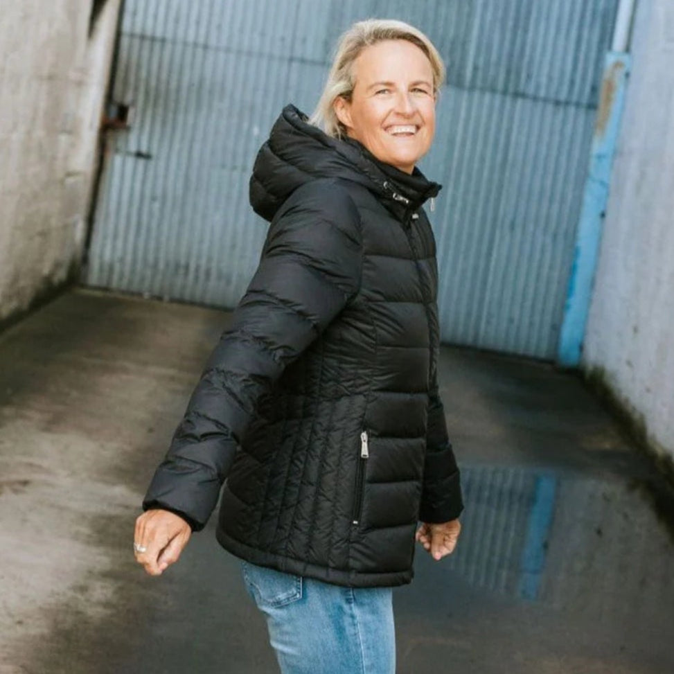 Moke Luciana Womens Down Puffer Jacket Black Plus Sizes lifestyle model facing side smiling