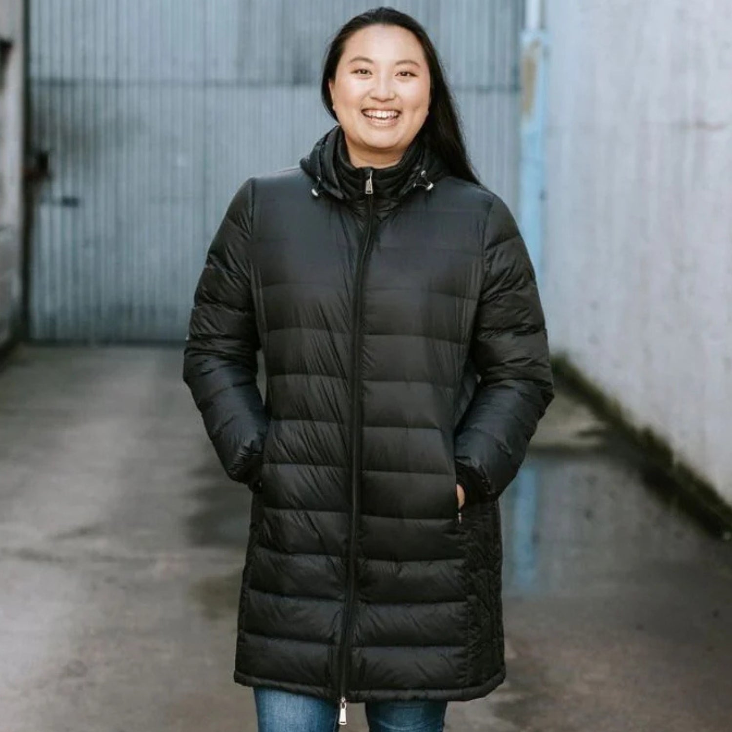 Woman wearing long down Sydney Plus size jacket