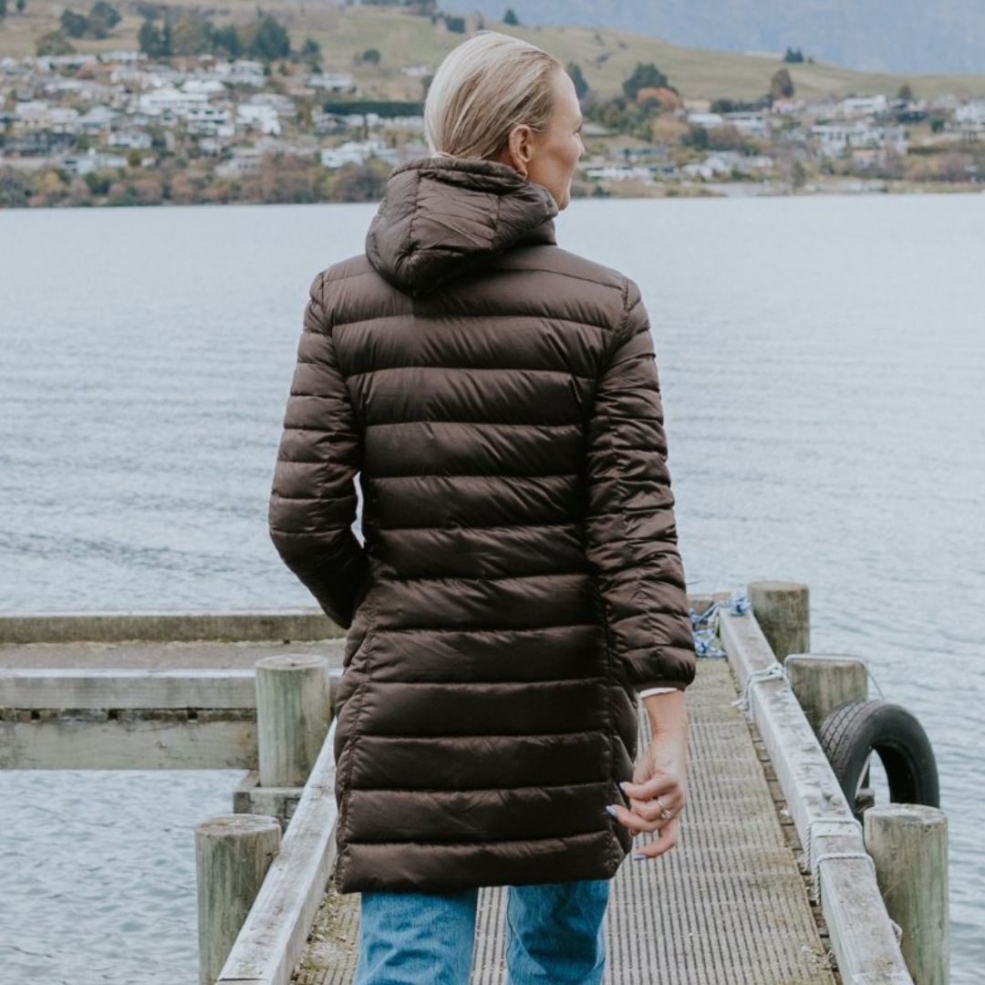 Woman wearing Plus-size Arnie Reversible Chocolate Jacket facing back.