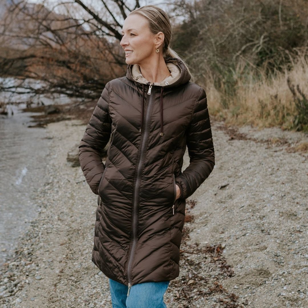 Woman wearing Plus-size Arnie Reversible Chocolate Jacket