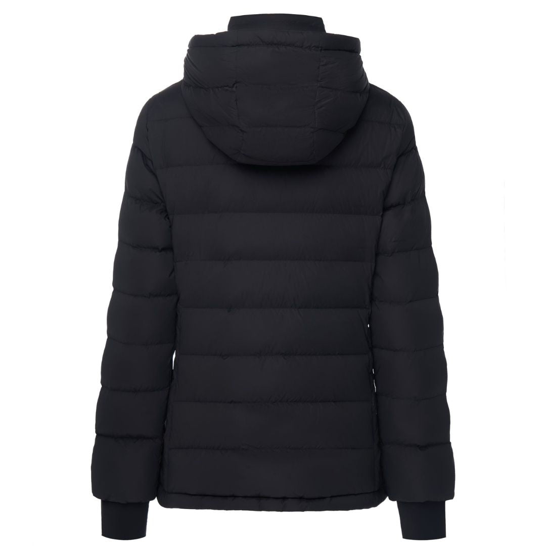 Back view of women’s black hooded down luciana puffer jacket and clean silhouette