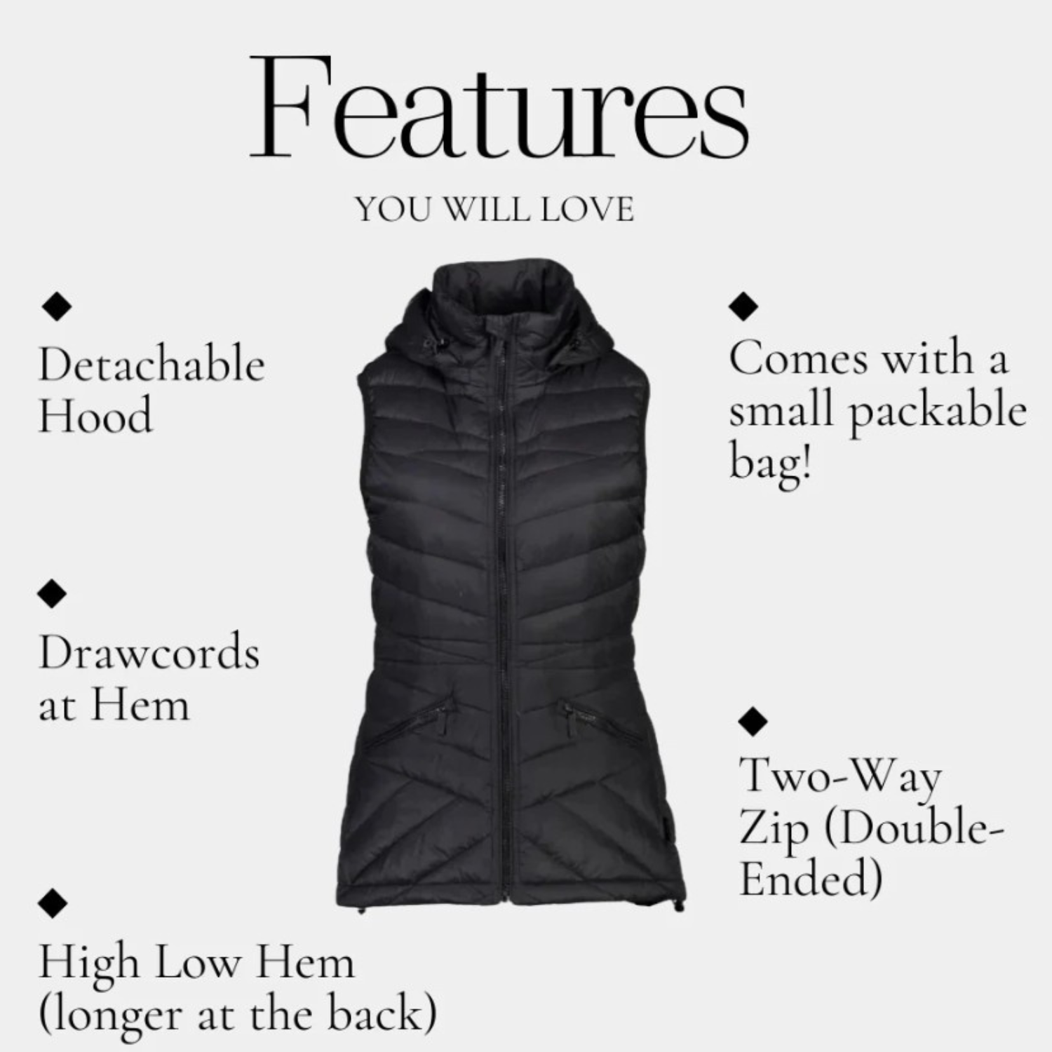 Black plus-size puffer vest with features listed on a white background
