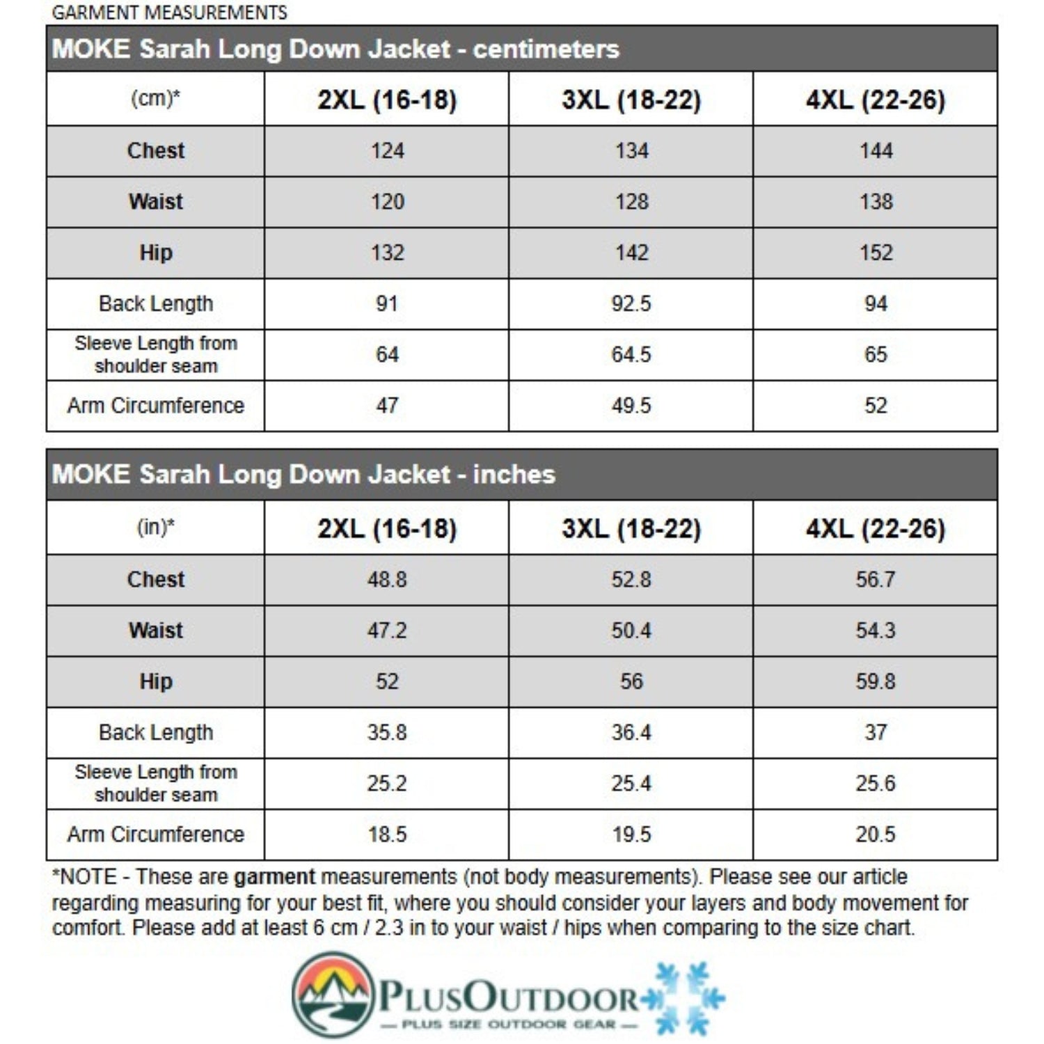 Size chart for MOKE Sarah Long Down Jacket in centimeters and inches.