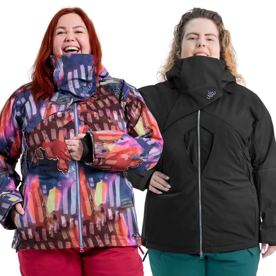Two plus-size people wearing colourful and black jackets on a white background