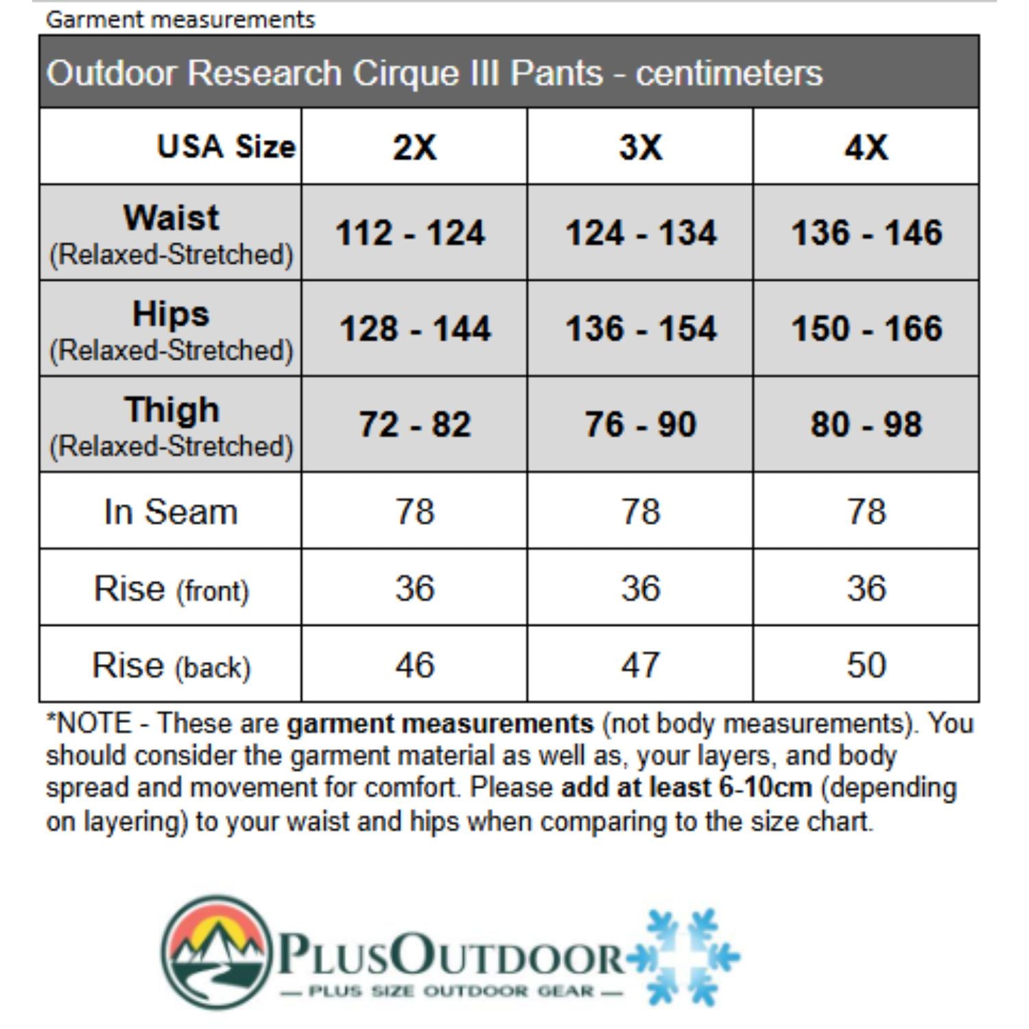 A size measurement chart for Plus Outdoor Research Cirque III Pants, showing garment measurements in centimeters for waist, hips, thigh, in seam, and rise (front and back) by USA size 2X, 3X, and 4X.