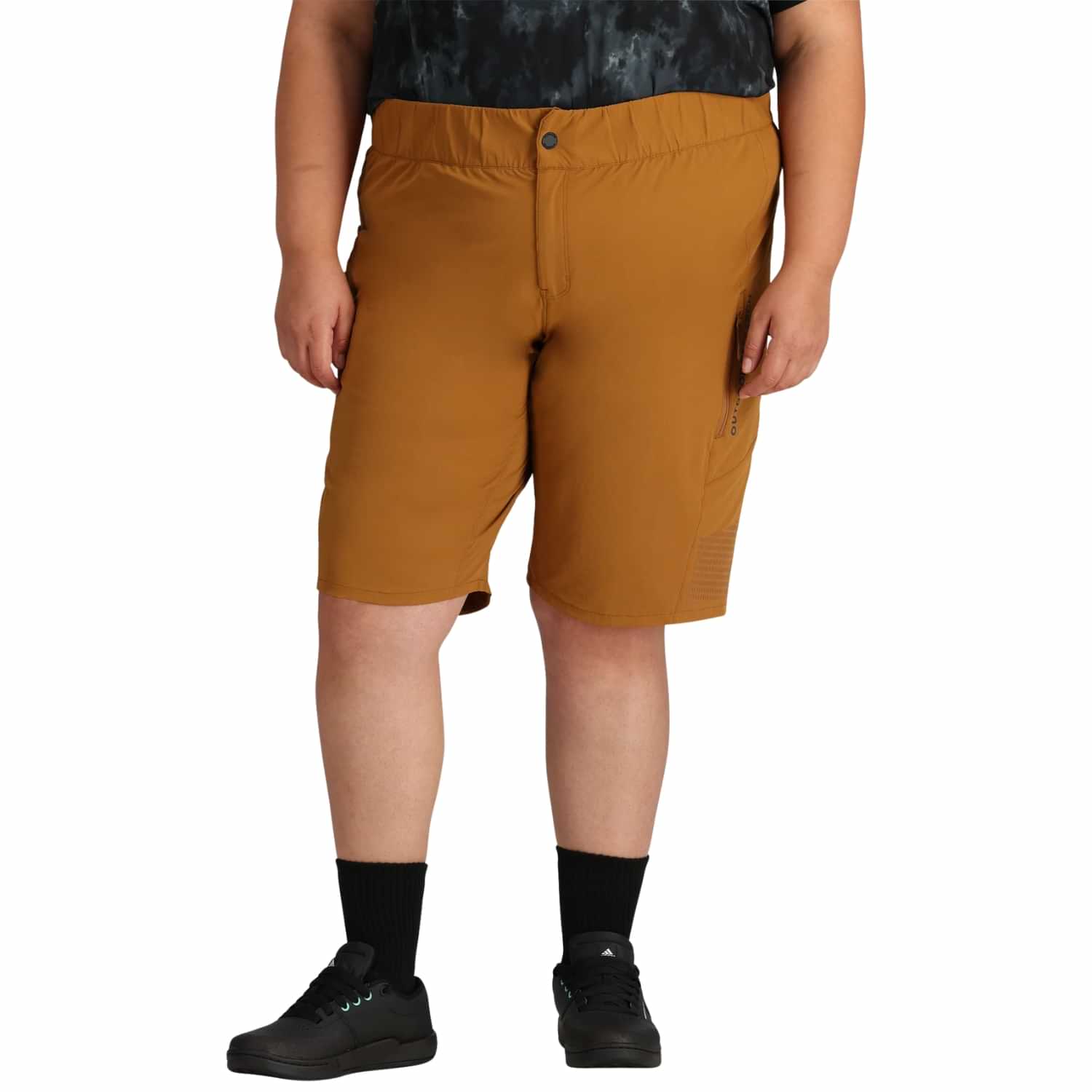 Front view of Outdoor Research Freewheel Women’s Plus Size Shorts in bronze brown, featuring lightweight stretch fabric, relaxed fit, and performance design for hiking, biking, and outdoor activities.