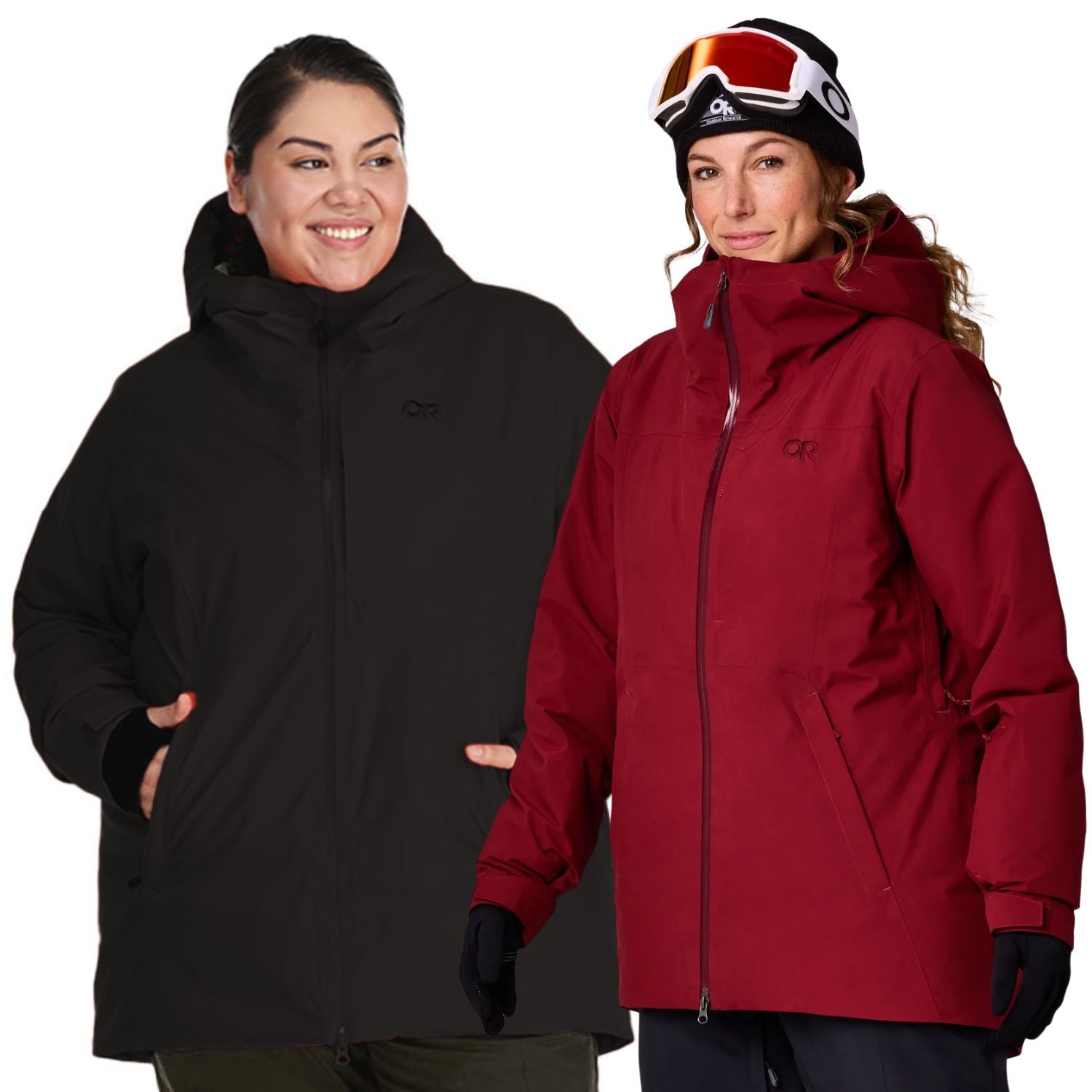 Two plus size women modeling snow winter jackets against a plain white background. The woman on the left wears a black jacket, and the woman on the right wears a dark red jacket.