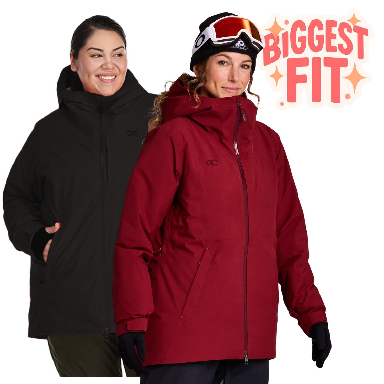 Two plus-size and curvy women modeling winter jackets against a white background, with one in a black jacket and one in a red jacket wearing a beanie and goggles. A graphic in the top right reads 'BIGGEST FIT'.