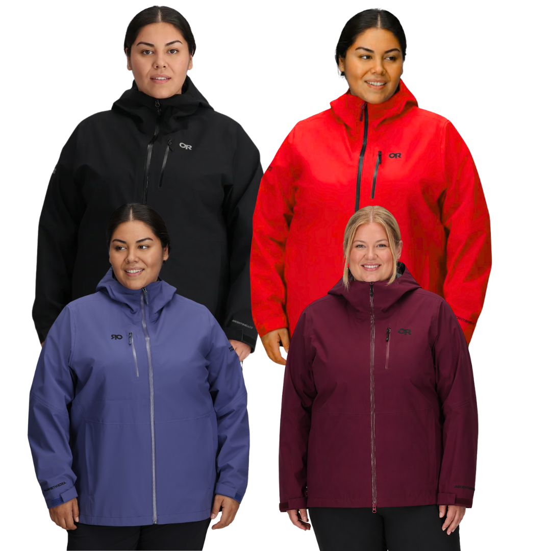 Outdoor Research Aspire rain jacket in plus-size for women in four colours, black, red, purple and plum