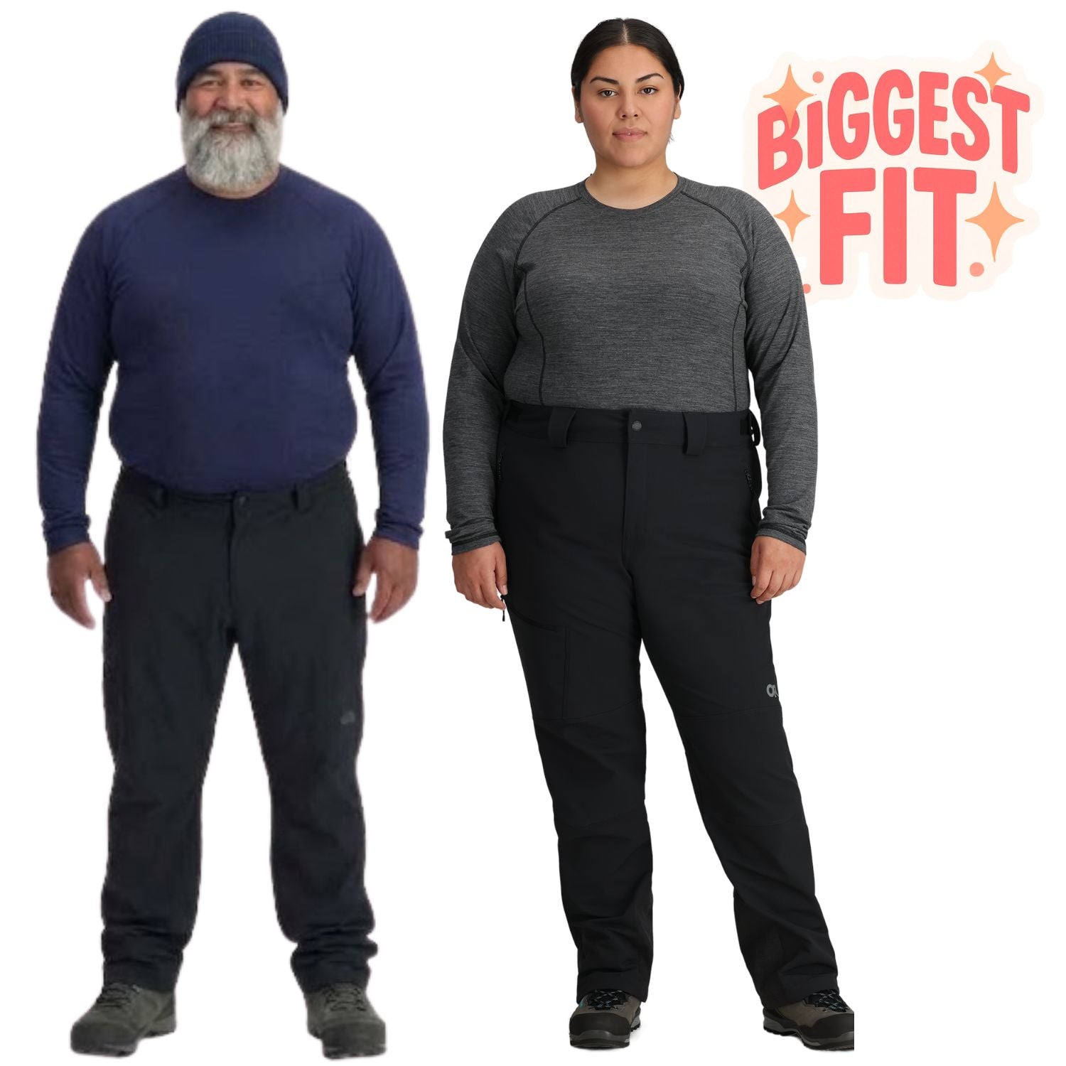 Two plus-size models wearing dark outdoor apparel standing against a white background, with a red and orange 'BIGGEST FIT.' graphic in the top right.