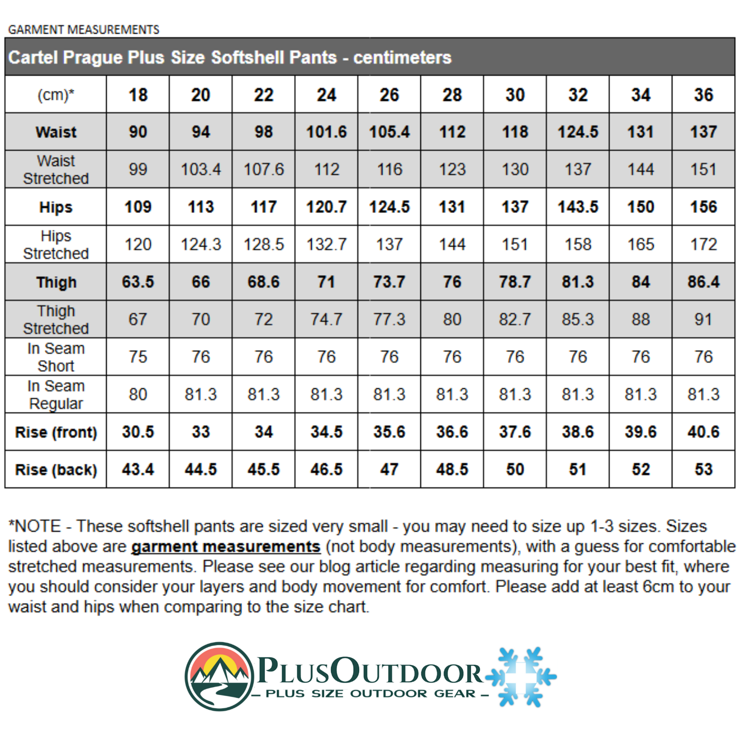 Size chart for Cartel Prague Plus Softshell Pants in centimeters with Plus Outdoor logo.