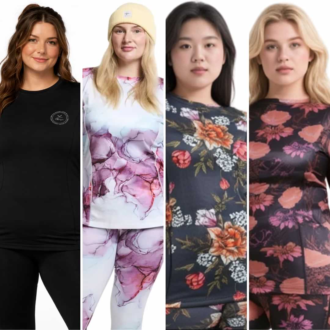 Rojo Best Living Women’s Plus Size Thermal Top in assorted prints, warm stretch base layer available in sizes 3XL–5XL.