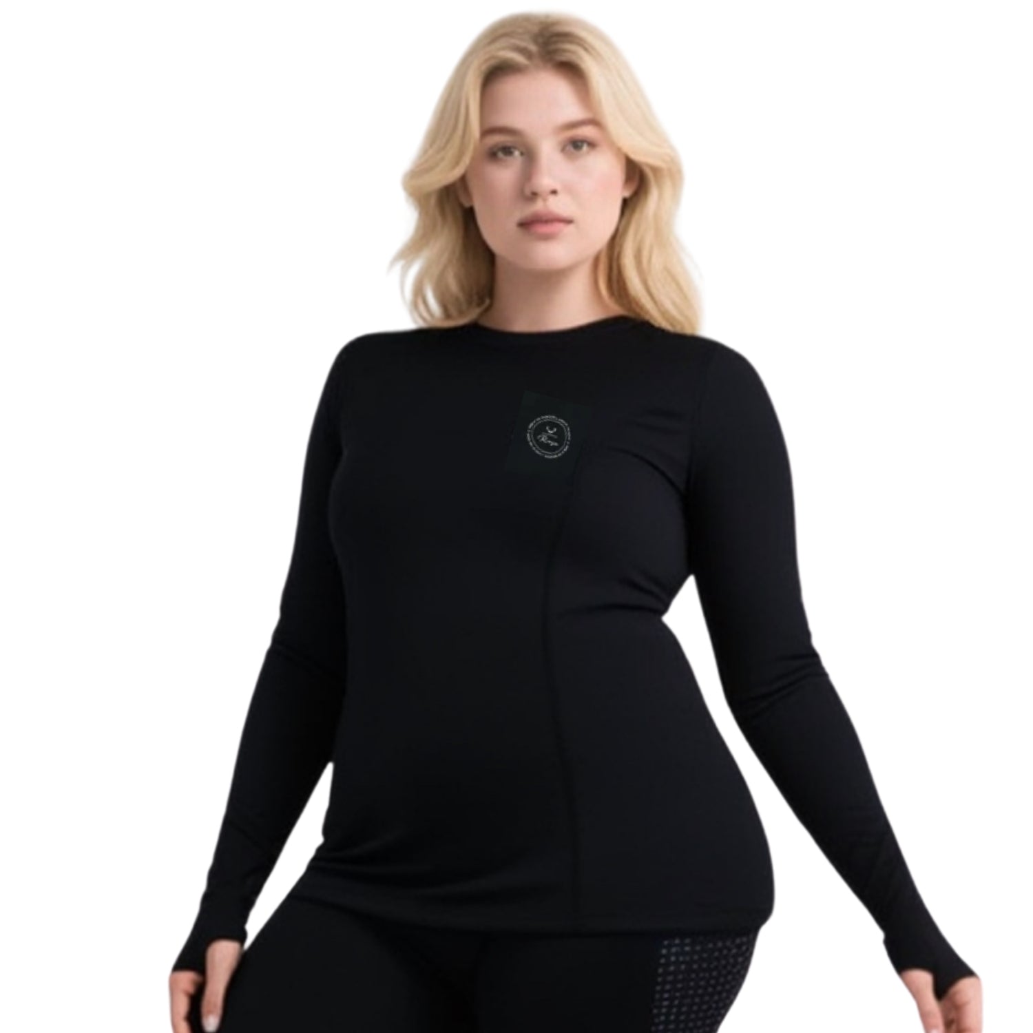 Plus-size woman wearing a black long-sleeve top with a logo on a white background