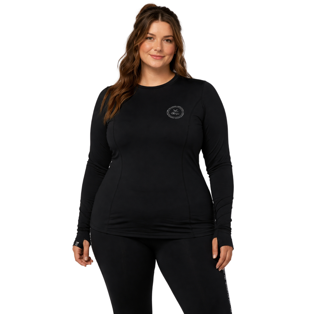 Plus-size woman wearing a Rojo Best Living plus size thermal top in black