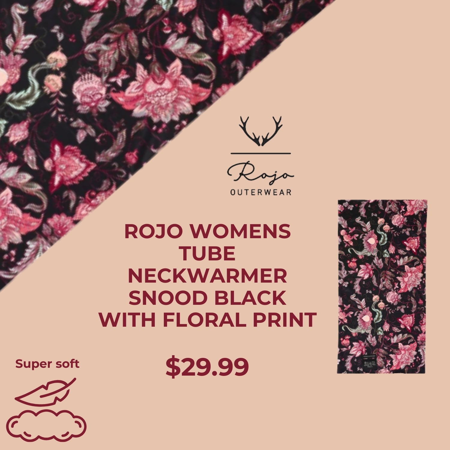 Rojo Womens Tube Neckwarmer Snood Black with Floral Print
