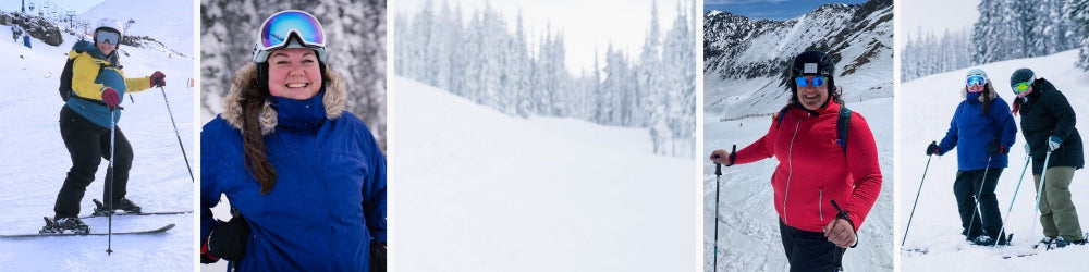 Plus-size skiers enjoying skiing in the mountains in a snowy white background