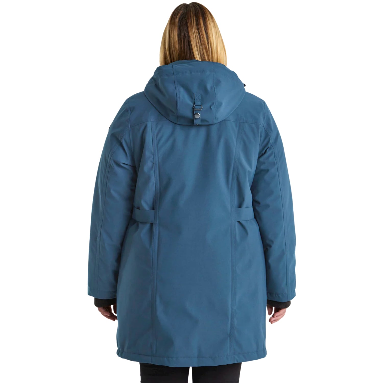 A plus size model wearing a colour blue alma jacket showing the back part of the jacket