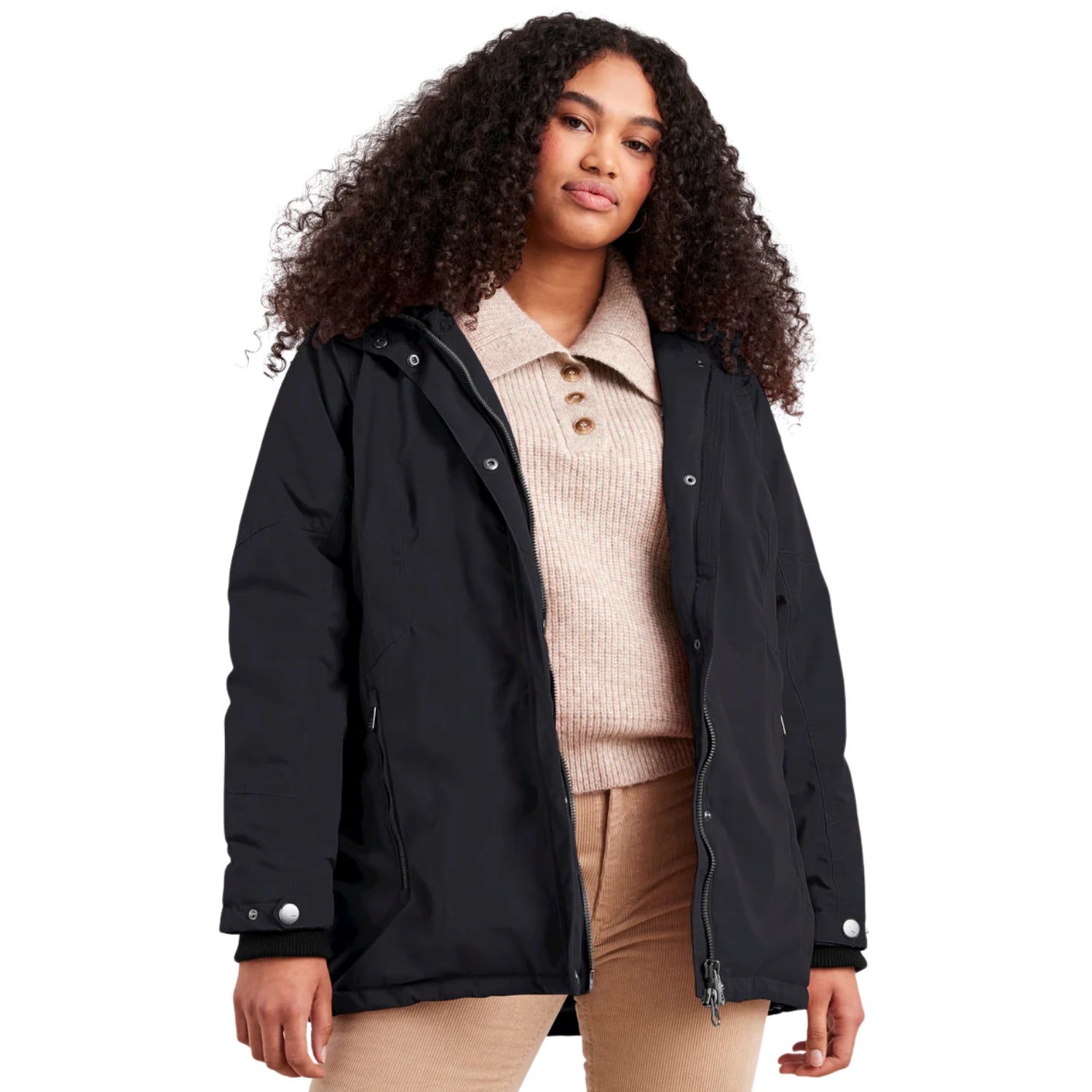 Woman wearing a black jacket on a white background