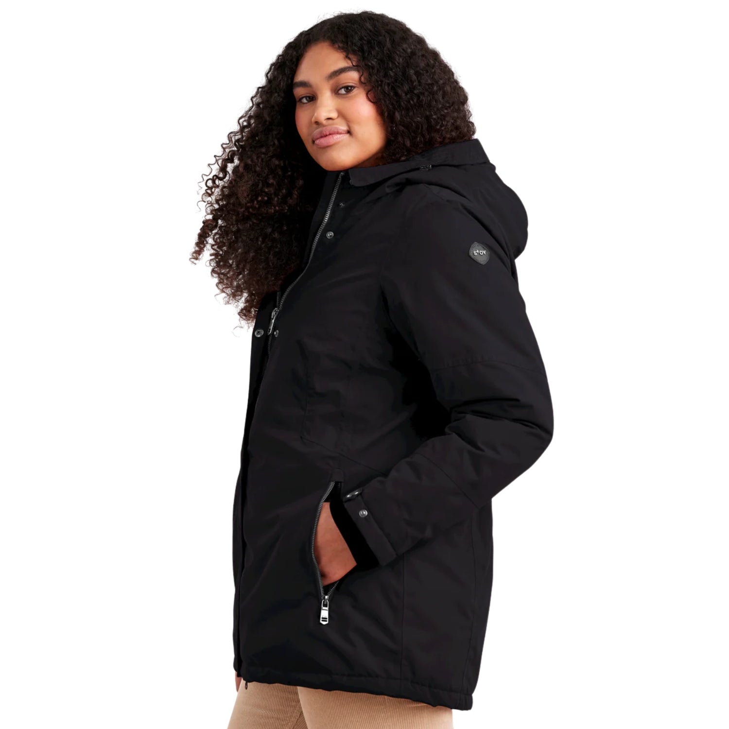 Woman wearing a plus-size black hooded jacket on a white background