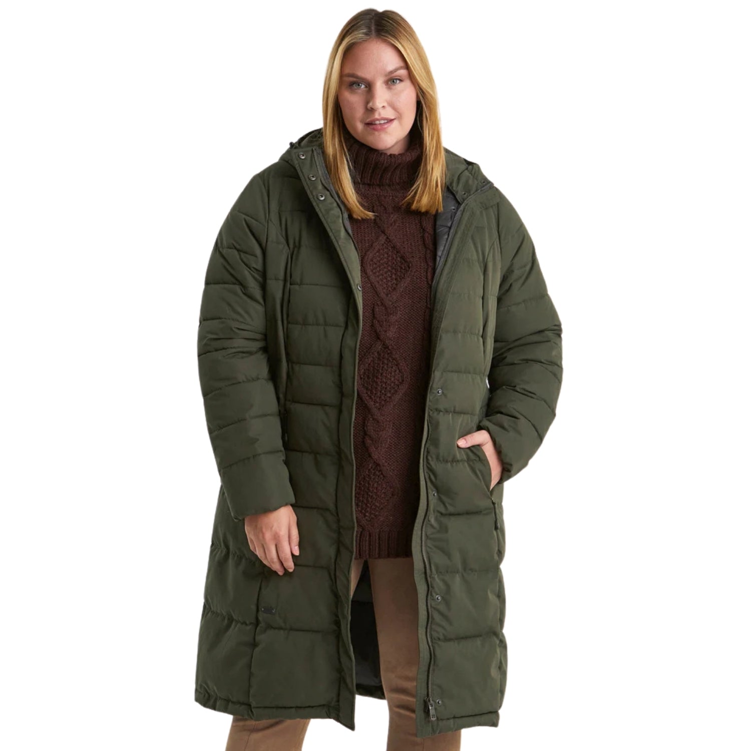 Stoy Dawn Womens Plus Size Long Puffer Jacket Dark Olive Sizes 24-28