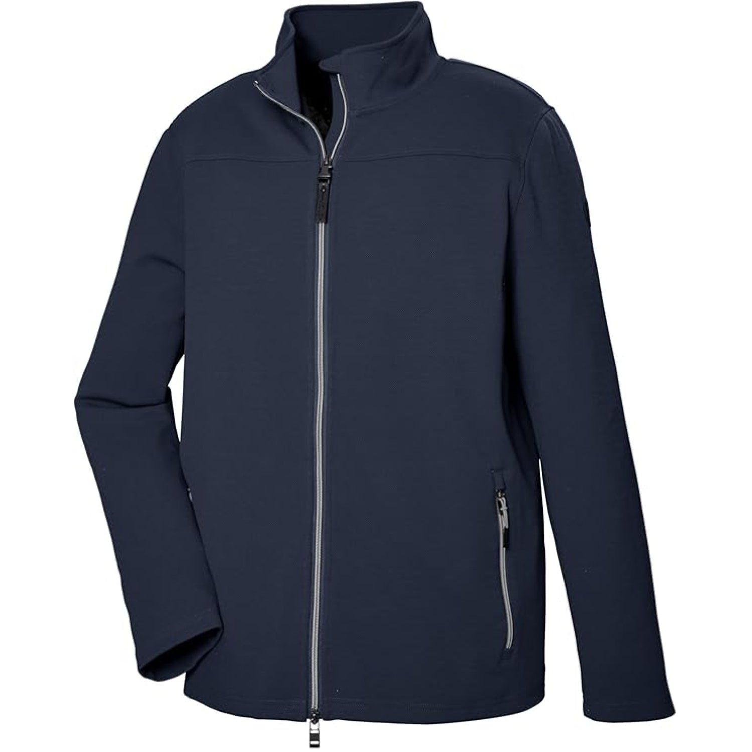 Mens plus size zip down jacket in dark navy blue is a light synthetic textured material great as a mid layer for keeping warm or as an outer jacket.